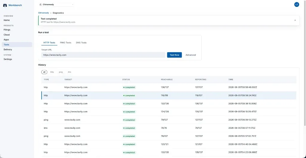 Client Workbench Diagnostics console — HTTP Tests tab, Test Now control, and History list with completed HTTP, PING, and DNS runs.
