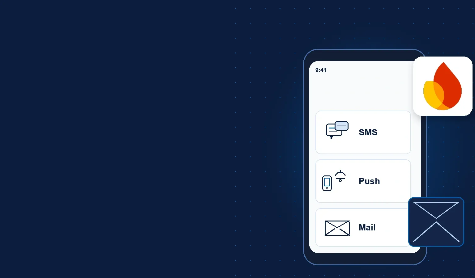 Deep navy Chinaready Insights cover with a right-weighted notification cluster — phone SMS tile, push bell, and envelope — paired with the official Firebase flame mark near the upper right; left field open for title scrim; no headline text or Chinese characters in the image.