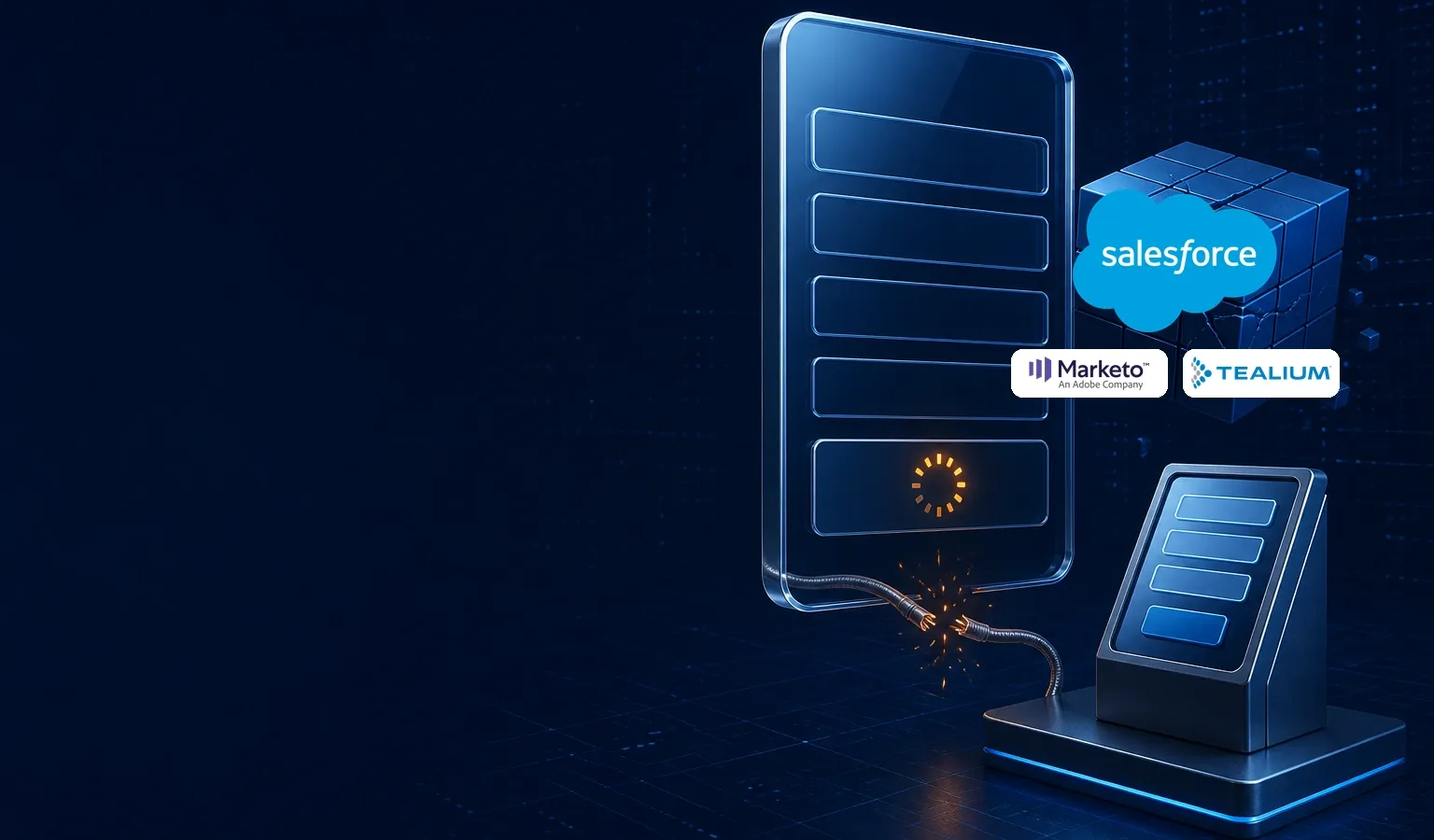 Deep navy Chinaready Insights cover with a right-weighted stalled landing-form slab, cracked MQL cube, and disconnected China capture terminal, paired with the official Salesforce cloud mark at about one-third height on the right and Marketo and Tealium marks in the same cluster; left field open for title scrim; no headline text in the image.