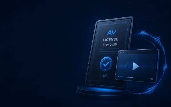 Deep navy Chinaready Insights cover with a right-weighted phone showing an AV license-approved screen paired with a floating playback frame and waveform ring; left field open for title scrim; English-only glyphs; no Chinese characters or article headline text in the image.