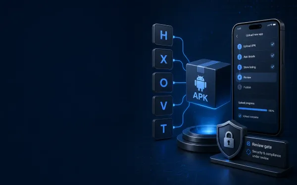 Deep navy Chinaready Insights cover with a right-weighted multi-console Android store upload motif — phone APK package, five store-portal tiles, and lock-shield review gate; left field open for title scrim; English-only UI glyphs; no Chinese characters or article headline text in the image.