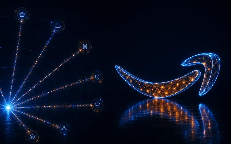 A glowing wireframe AWS smile-arrow logo on a deep navy background, with radial service spokes and hub nodes on the left — catalog hub motif, not horizontal streams through a light barrier.