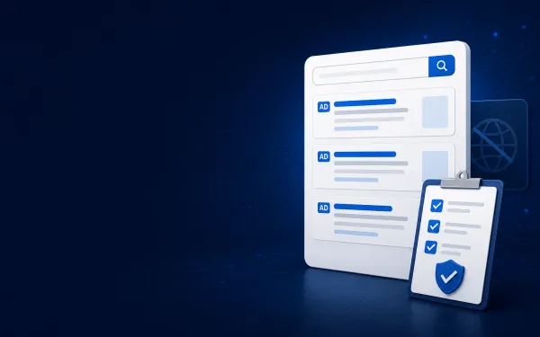 Deep navy Chinaready Insights cover with a right-weighted search-ad results panel, verification clipboard with checkmarks, and a crossed globe tile; left field open for title scrim; no headline text in the image.