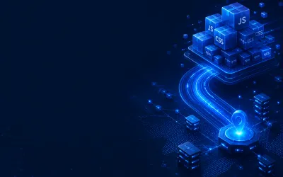 Deep navy Chinaready product cover with a right-weighted stack of glowing JS, CSS, and npm package cubes flowing along CDN path arcs into an edge delivery node; left field open for title scrim; no headline text.