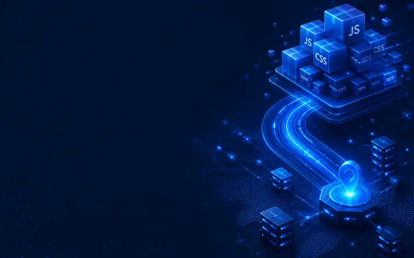 Deep navy Chinaready product cover with a right-weighted stack of glowing JS, CSS, and npm package cubes flowing along CDN path arcs into an edge delivery node; left field open for title scrim; no headline text.