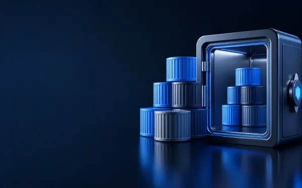 Deep navy Chinaready Insights cover with a right-weighted private registry vault and mirrored container cylinders; left field open for title scrim; no headline text in the image.
