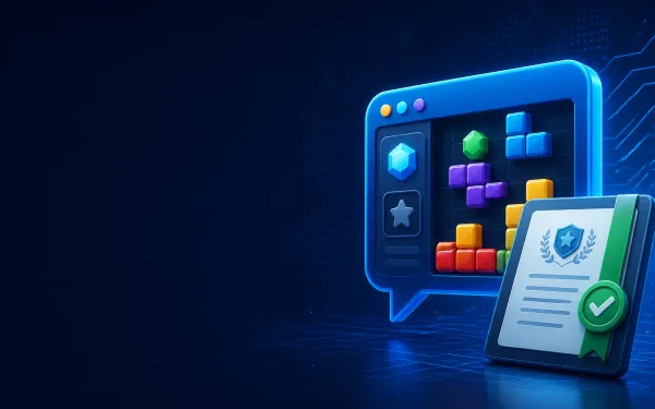 Deep navy Chinaready Insights cover with a right-weighted chat-bubble Mini Game window and game-pad motif paired with a publisher approval tablet and check rail; left field open for title scrim; no headline text in the image.