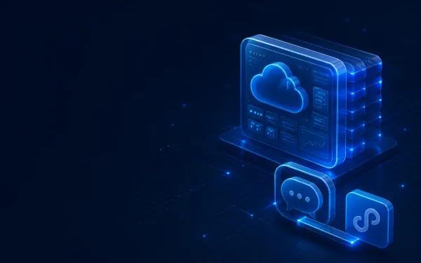 Deep navy Chinaready Insights cover with a right-weighted translucent cloud control-plane panel linked to chat-bubble and Mini Program tiles; left field open for title scrim; no headline text in the image.
