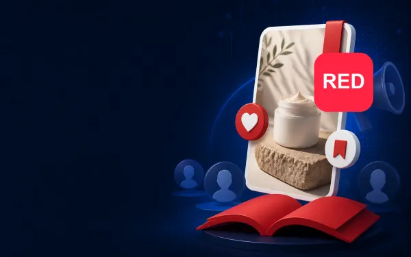 Deep navy Chinaready Insights cover with a right-weighted lifestyle note card, red open-book motif, Latin-only RED app mark, creator chips, and muted ads accent; left field open for title scrim; no article headline text or Chinese characters in the image.