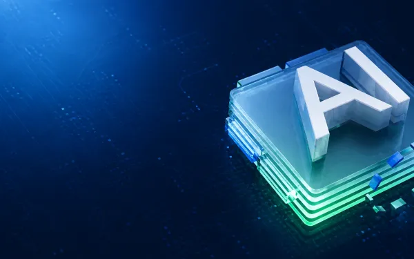 Deep navy Chinaready Insights cover with a right-weighted 3D AI letterforms on a translucent chip stack; left field open for title scrim; no headline text in the image.