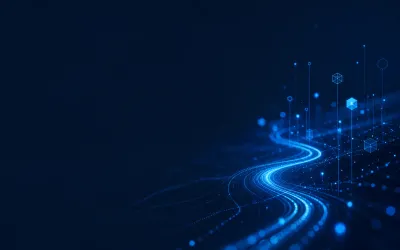 Abstract illuminated routes converging through a deep navy readiness system