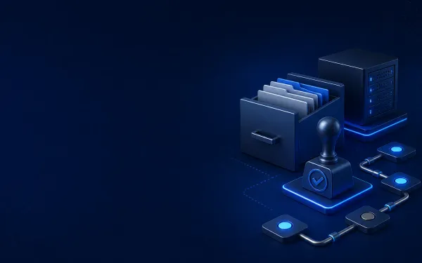 Deep navy Chinaready Insights cover with a right-weighted filing stamp, host/server cube, and clean dependency-node chain; left field open for title scrim; no headline text in the image.