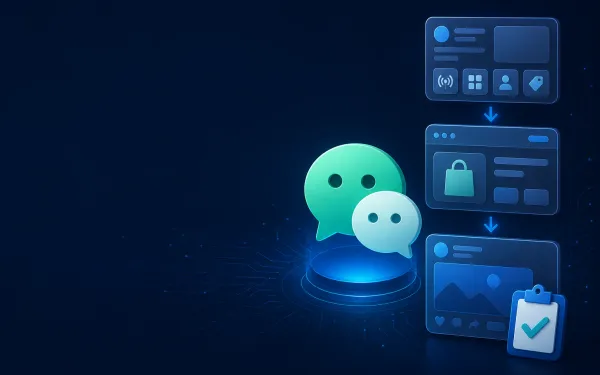 Deep navy Chinaready Insights cover with a right-weighted WeChat chat-bubble mark paired with a three-step sequence strip (channel card, product window, Moments ad tile); left field open for title scrim; no headline text or brand logos in the image.