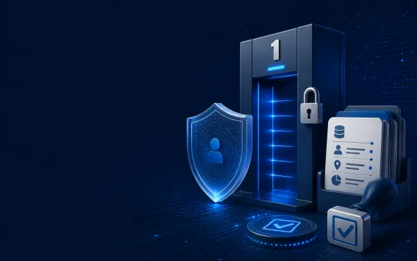 Deep navy Chinaready Insights cover with a right-weighted privacy gate, numbered lock, data-inventory cards, and consent stamp motif; left field open for title scrim; no headline text in the image.