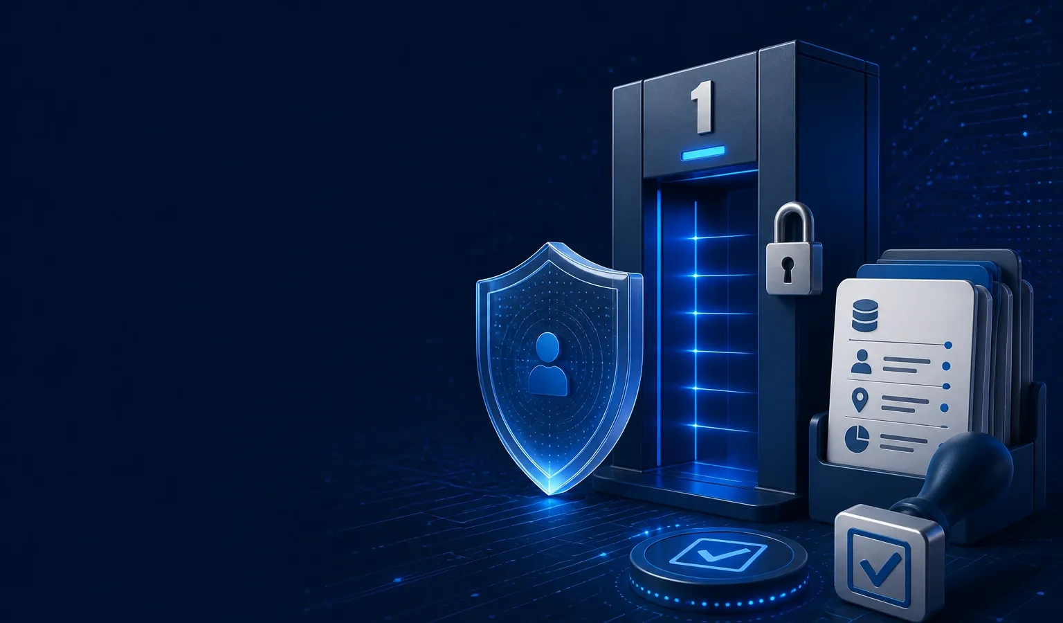Deep navy Chinaready Insights cover with a right-weighted privacy gate, numbered lock, data-inventory cards, and consent stamp motif; left field open for title scrim; no headline text in the image.