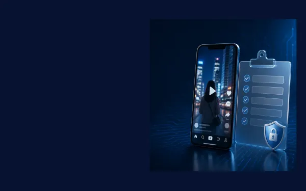 Deep navy Chinaready Insights cover with a right-weighted short-video phone feed paired with a blank checkmark clipboard and lock-shield gate; left field open for title scrim; no headline text or brand logos in the image.