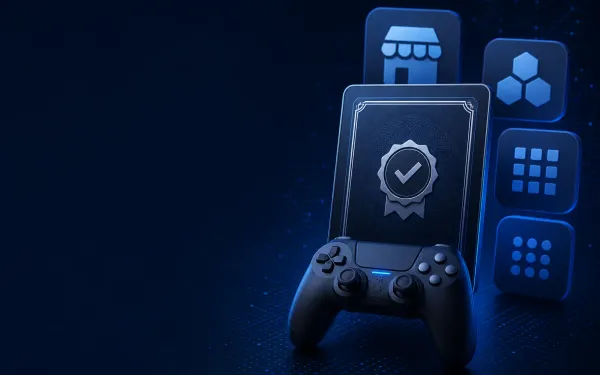 Deep navy Chinaready Insights cover with a right-weighted game controller paired with an approval-certificate tablet and generic store-channel tiles; left field open for title scrim; no headline text in the image.