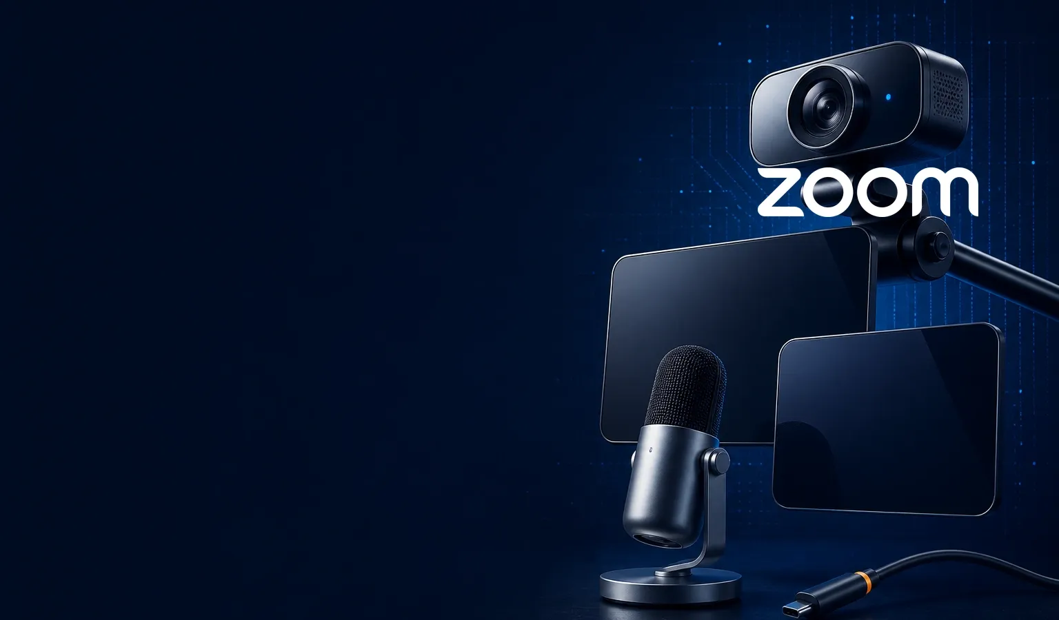 Deep navy Chinaready Insights cover with a right-weighted cluster of a glossy webcam, dual blank meeting tiles, and a conference microphone, paired with the official Zoom wordmark at about one-third height on the right; left field open for title scrim; no headline text in the image.