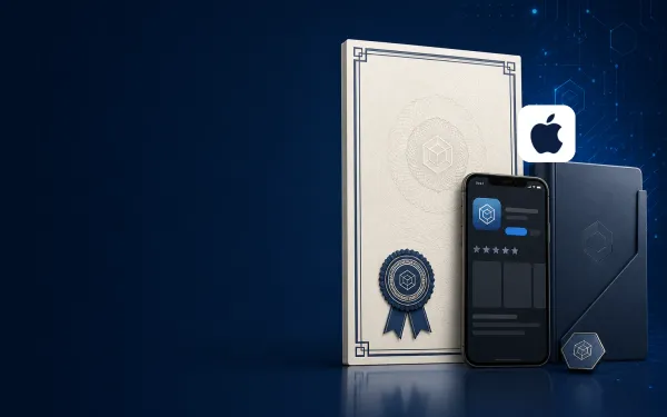 Deep navy Chinaready Insights cover with a right-weighted Software Copyright Certificate, app-store listing phone, and industry-qualification folder, plus the official Apple mark at about one-third height on the right; left field open for title scrim; no headline text in the image.