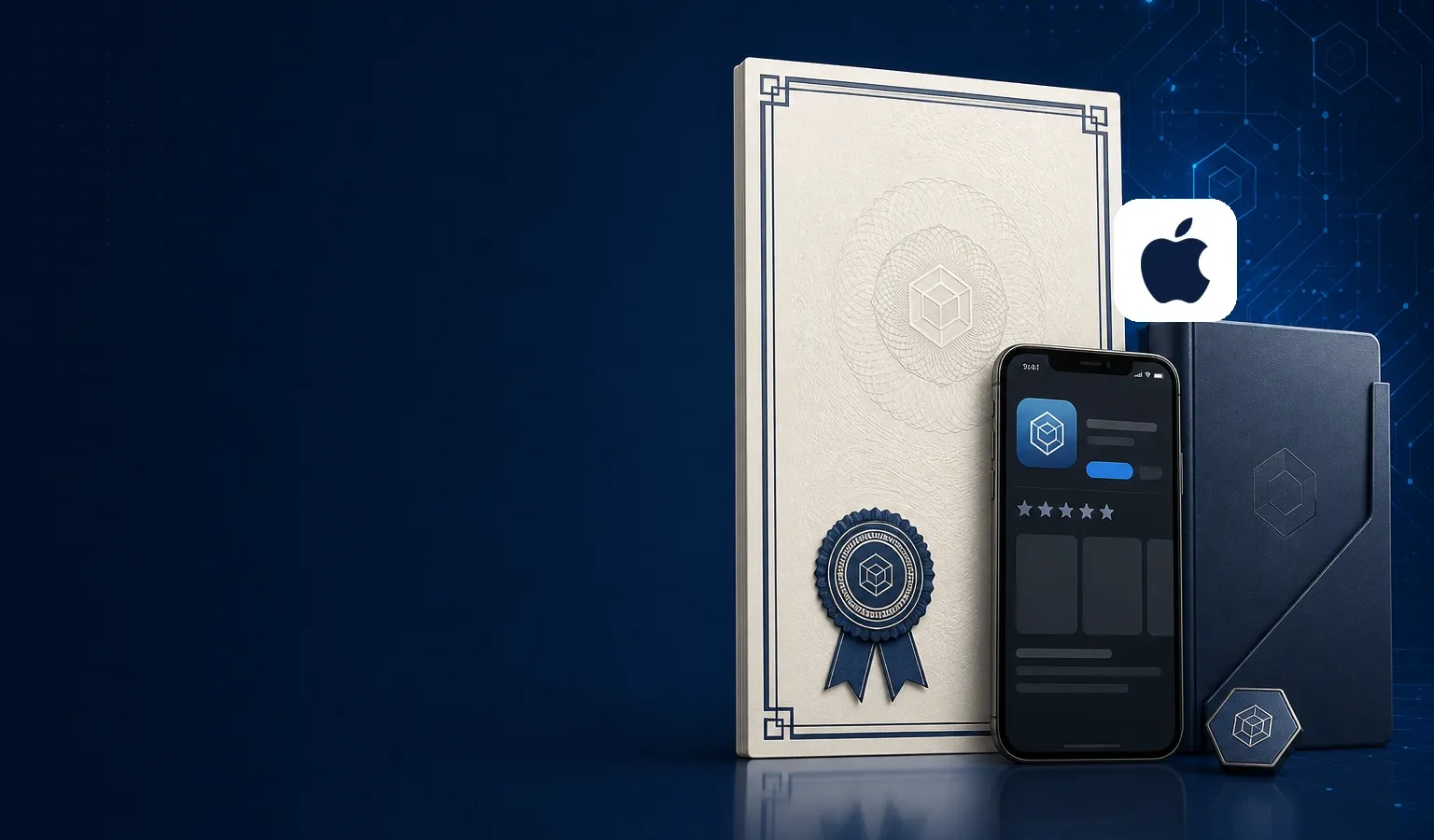Deep navy Chinaready Insights cover with a right-weighted Software Copyright Certificate, app-store listing phone, and industry-qualification folder, plus the official Apple mark at about one-third height on the right; left field open for title scrim; no headline text in the image.