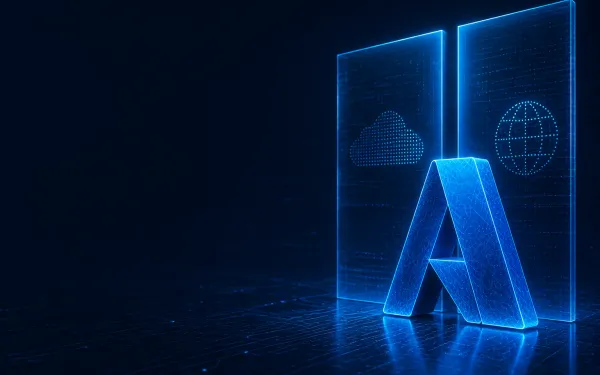 Deep navy brand field with a right-weighted 3D wireframe Azure A mark paired with twin translucent partition panels (cloud vs globe icons) — left half open for the title scrim; no baked headline text.