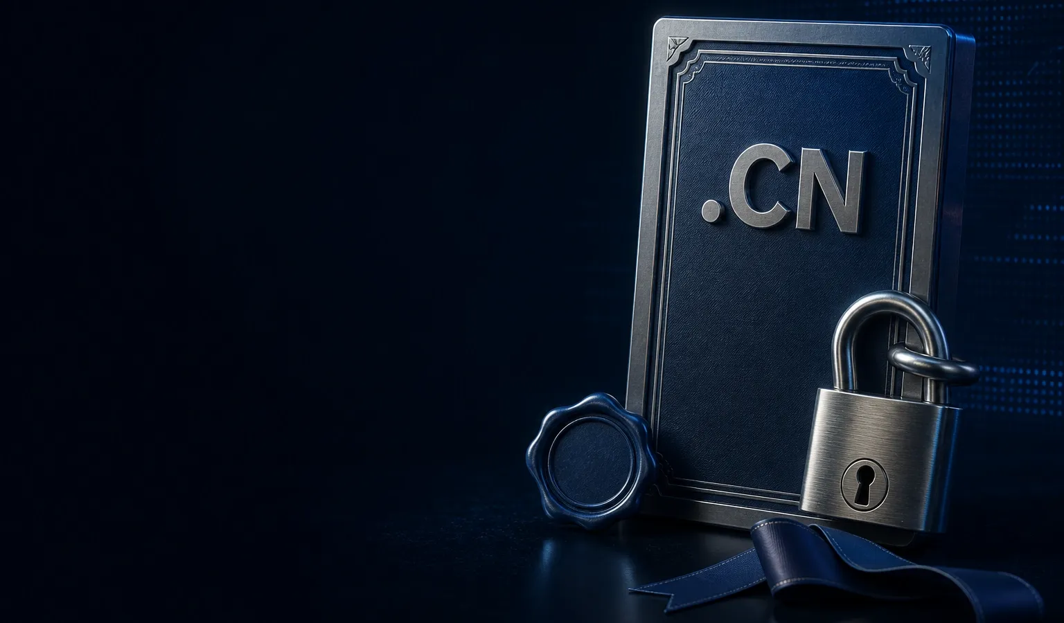 Deep navy Chinaready Insights cover with a right-weighted enamel .CN certificate plaque and a steel registrar padlock, blank wax seal and ribbon at the base; left field open for title scrim; no headline text in the image.