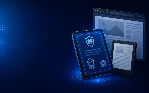 Deep navy Chinaready Insights cover with a right-weighted free-floating digital publishing permit tablet paired with an e-reader stack and browser window motif; left field open for title scrim; English-only UI glyphs; no Chinese characters or article headline text in the image.
