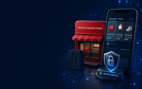 Deep navy Chinaready Insights cover with a right-weighted free-floating Tmall-red brand-flagship storefront tile paired with a sponsored-product phone rail and lock-shield ad gate; left field open for title scrim; English-only UI glyphs; no Chinese characters or article headline text in the image.