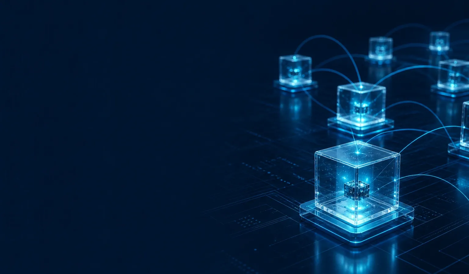 Deep navy Chinaready Insights cover with a right-weighted cluster of glowing edge PoP cubes and network arcs; left field open for title scrim; no vendor lockup and no headline text in the image.