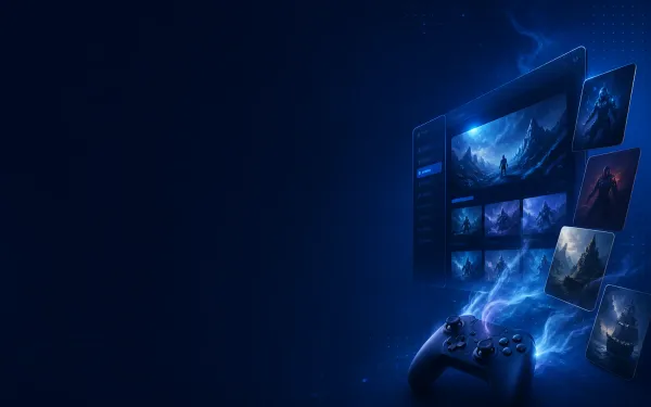 Deep navy Chinaready Insights cover with a right-weighted abstract PC game storefront motif — floating game tiles and soft steam vapor from a controller silhouette; left field open for title scrim; no headline text, logos, or Chinese characters in the image.