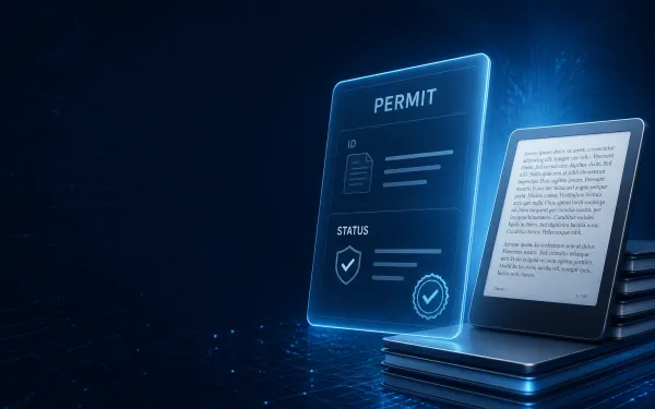Deep navy Chinaready Insights cover with a right-weighted free-floating digital permit tablet paired with an e-reader stack; left field open for title scrim; English-only UI glyphs; no Chinese characters or article headline text in the image.