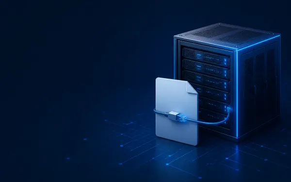 Deep navy Chinaready Insights cover with a right-weighted server rack tethered by a network cable to a blank filing document plate; left field open for title scrim; no headline text in the image.