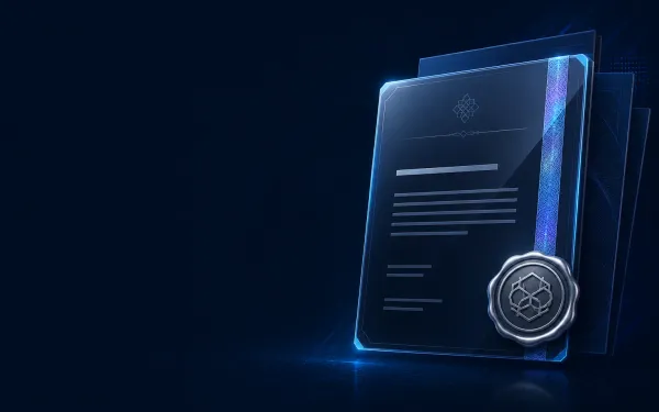 Deep navy Chinaready Insights cover with a right-weighted commercial ICP license certificate and seal motif; left field open for title scrim; no headline text in the image.