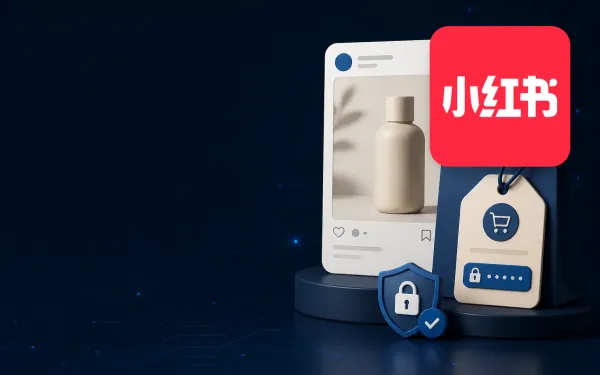 Deep navy Chinaready Insights cover with a right-weighted official Xiaohongshu (小红书) app logo mark paired with a lifestyle product-note card, shopping bag, and lock-shield spend gate; left field open for title scrim; no article headline text baked into the image.