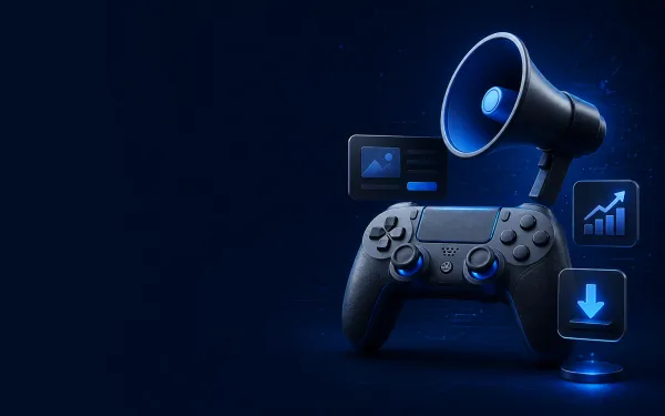 Deep navy Chinaready Insights cover with a right-weighted game controller paired with a glowing megaphone and UA metric tiles (growth, download, ad card); left field open for title scrim; no headline text or Chinese characters in the image.