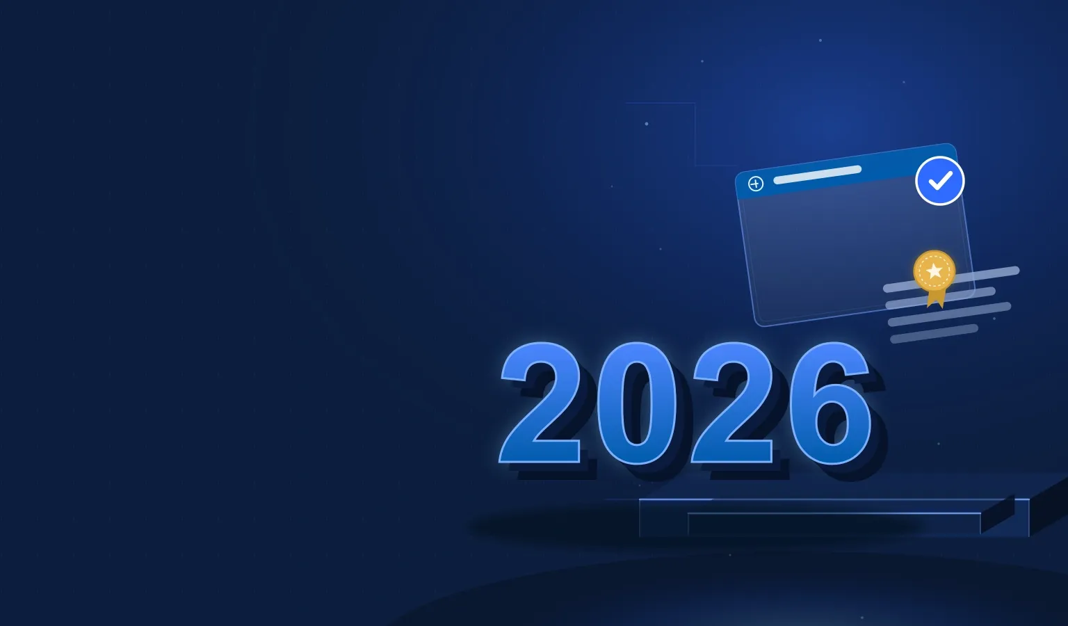 Deep navy Chinaready Insights cover with a right-weighted extruded 3D 2026 numeral monument in brand-blue gradient standing on an isometric stepped plinth, a floating glass certificate card with official-style gold seal and blue digital approval badge above, glow pool and rising particles; left field open for title scrim; no headline text in the image.