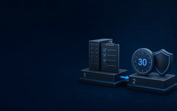 Deep navy Chinaready Insights cover with a right-weighted ICP-then-PSB sequence motif — numbered filing checklist then a 30-day clock and shield; left field open for title scrim; no headline text in the image.