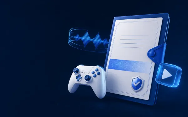 Deep navy Chinaready Insights cover with a right-weighted sealed approval folder and shield-check paired with a game controller, music waveform ring, and streaming play cube; left field open for title scrim; no Chinese characters or article headline text in the image.