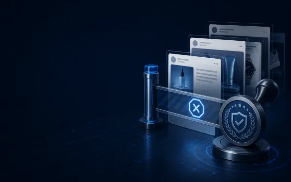 Deep navy Chinaready Insights cover with a right-weighted advertising review gate, sealed compliance stamp, and queued creative boards; left field open for title scrim; no headline text in the image.