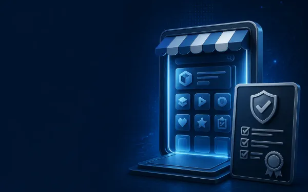 Deep navy Chinaready Insights cover with a right-weighted China App Store portal paired with a compliance-gate motif; left field open for title scrim; no headline text in the image.