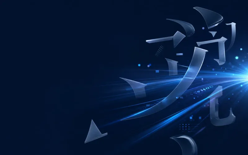 Luminous letterforms moving through a deep navy content delivery network