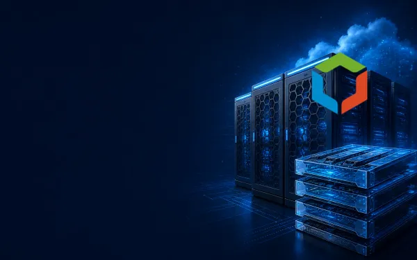 Deep navy Chinaready Insights cover with right-weighted data-center racks and AI-cloud compute trays; official Baidu AI Cloud RGB hexagon mark at about one-third height on the right; left field open for title scrim; no headline text in the image.
