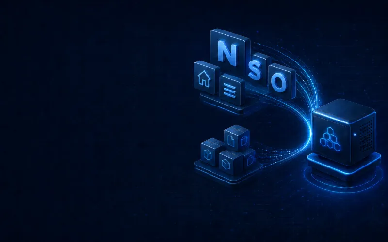 Deep navy Chinaready product cover with a right-weighted cluster of luminous Latin letter slabs, geometric icon tiles, and JS/CSS package cubes flowing along CDN path arcs into an edge delivery node; left field open for title scrim; no headline text.