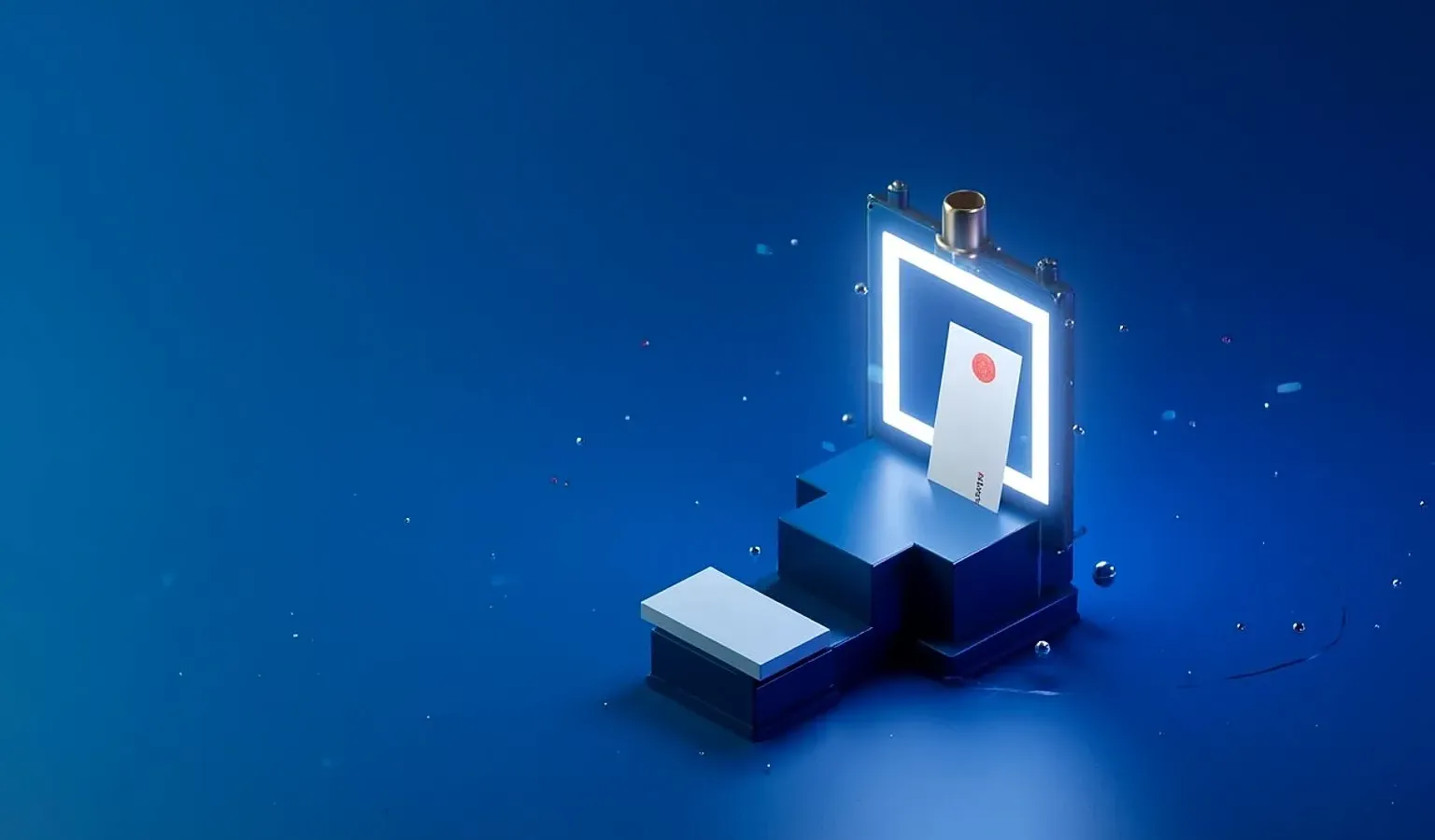 Deep navy editorial cover — a right-weighted isometric scene of three frosted-glass steps carrying a blank domain card and a red-sealed filing sheet up to a gold-capped glowing glass site panel, with fine cables and one cyan status dot along the steps; left field open for the title.