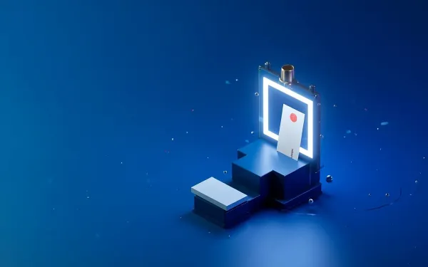 Deep navy editorial cover — a right-weighted isometric scene of three frosted-glass steps carrying a blank domain card and a red-sealed filing sheet up to a gold-capped glowing glass site panel, with fine cables and one cyan status dot along the steps; left field open for the title.