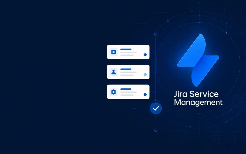 Deep navy cover with stacked request cards on the left and the Jira Service Management logo in Atlassian blue on the right.