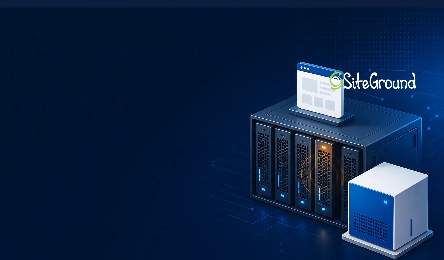 Deep navy Chinaready Insights cover with a right-weighted stalled shared-host chassis beside a China-reachable origin cube, paired with the official SiteGround mark at about one-third height on the right; left field open for title scrim; no headline text in the image.