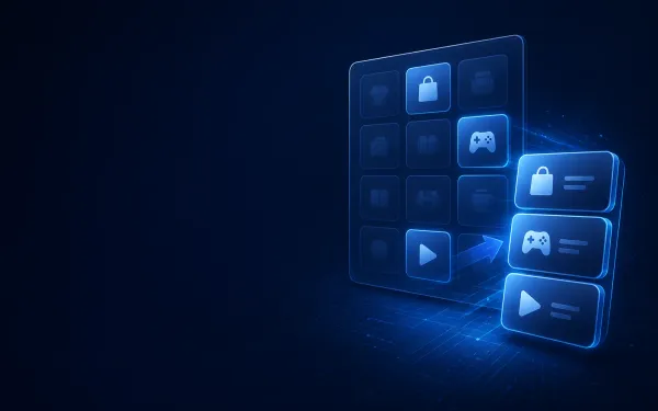 Deep navy Chinaready Insights cover with a right-weighted selective app-directory grid and shortlist panel motif; left field open for title scrim; no headline text in the image.