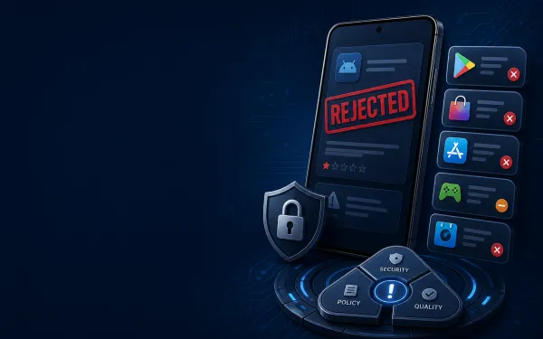 Deep navy Chinaready Insights cover with a right-weighted Android review-rejection motif — smartphone with rejected stamp, five store-portal tiles, and lock-shield gate; left field open for title scrim; English-only UI glyphs; no Chinese characters or article headline text in the image.