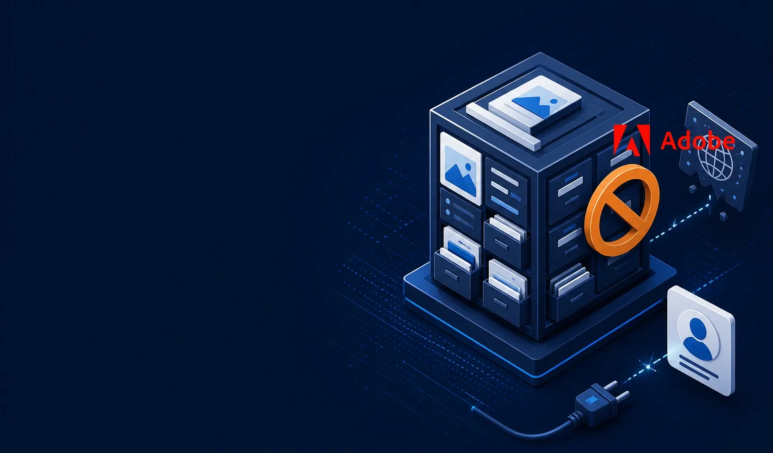 Deep navy Chinaready Insights cover with a right-weighted enterprise CMS DAM cube beside a stalled overlay, paired with the official Adobe A and wordmark at about one-third height on the right; left field open for title scrim; no headline text in the image.